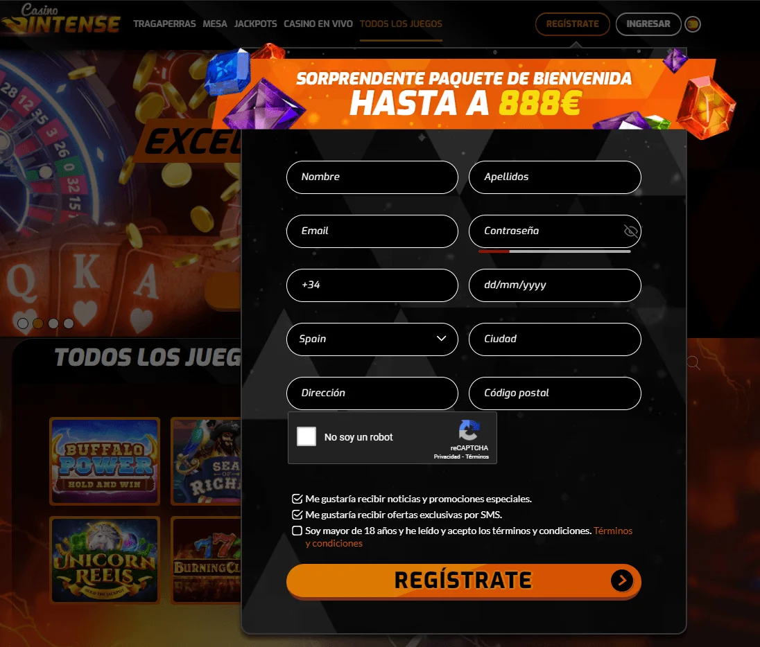 Registrarse en Casino Intense